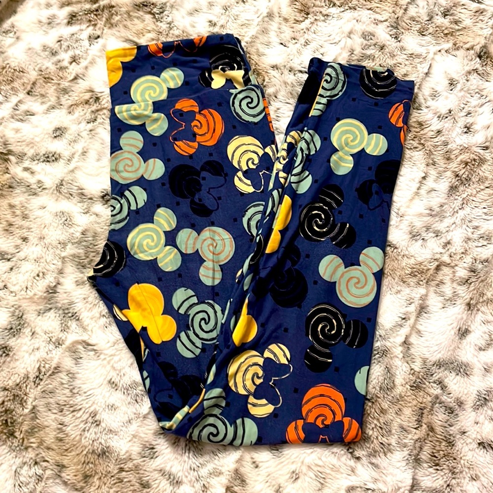 LuLaRoe Navy Blue Leggings with Yellow, Orange, Mint & Black Swirls